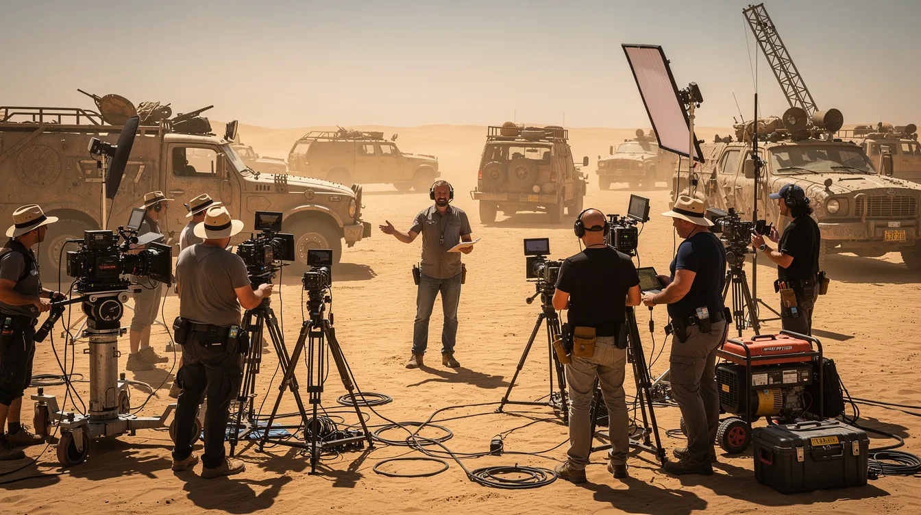 Ein Regisseur steht am Filmset in einer sandigen Wüstenlandschaft, umgeben von Kameraleuten und schwerem Filmgerät, während im Hintergrund umgebaute Fahrzeuge, inspiriert von "Mad Max: Fury Road", zu sehen sind. Die Szene vermittelt das Gefühl von Action und Abenteuer inmitten der rauen Wüstenumgebung.