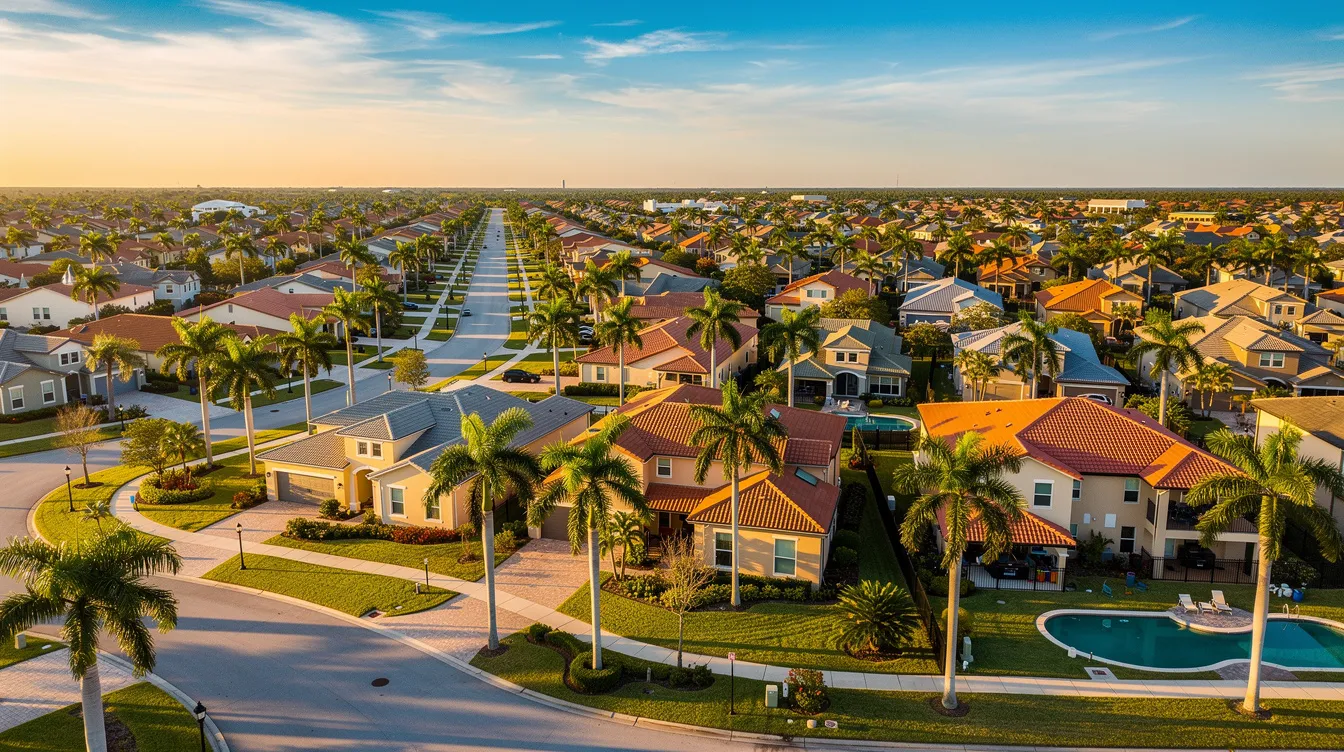 An aerial view showcases a picturesque Florida suburban neighborhood filled with palm trees and residential homes, all set against a clear blue sky. This vibrant scene reflects the charm of local communities, ideal for attracting potential customers and enhancing online visibility through effective local SEO strategies.
