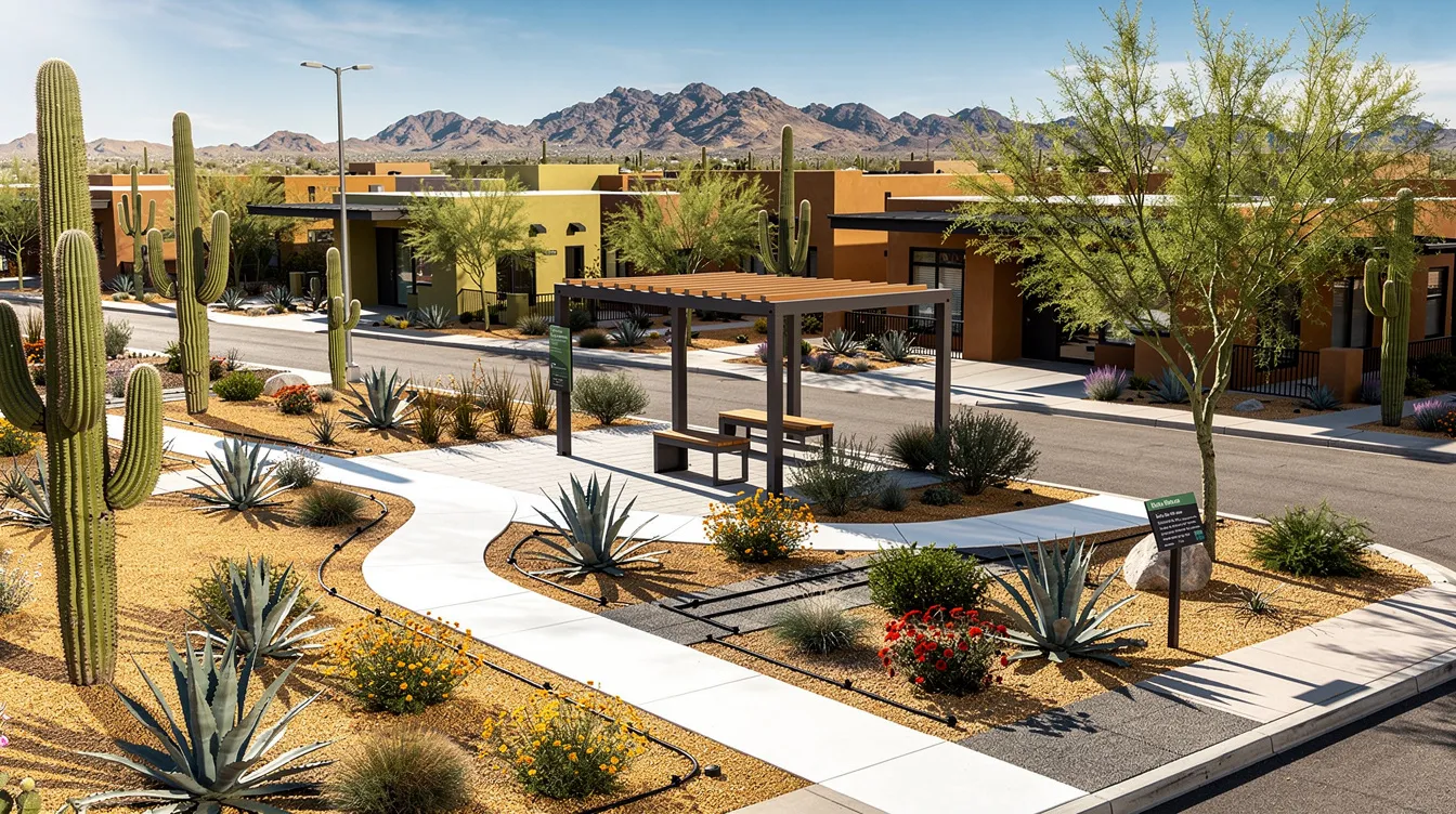 The image depicts a beautifully designed Phoenix landscape featuring contemporary landscaping ideas, including vibrant flower beds, raised garden beds with colorful flowers, and strategically placed olive and lemon trees. A cozy seating area with an outdoor fireplace creates an inviting outdoor space, while meandering pathways and ornamental grasses enhance the curb appeal of this stunning residential yard.