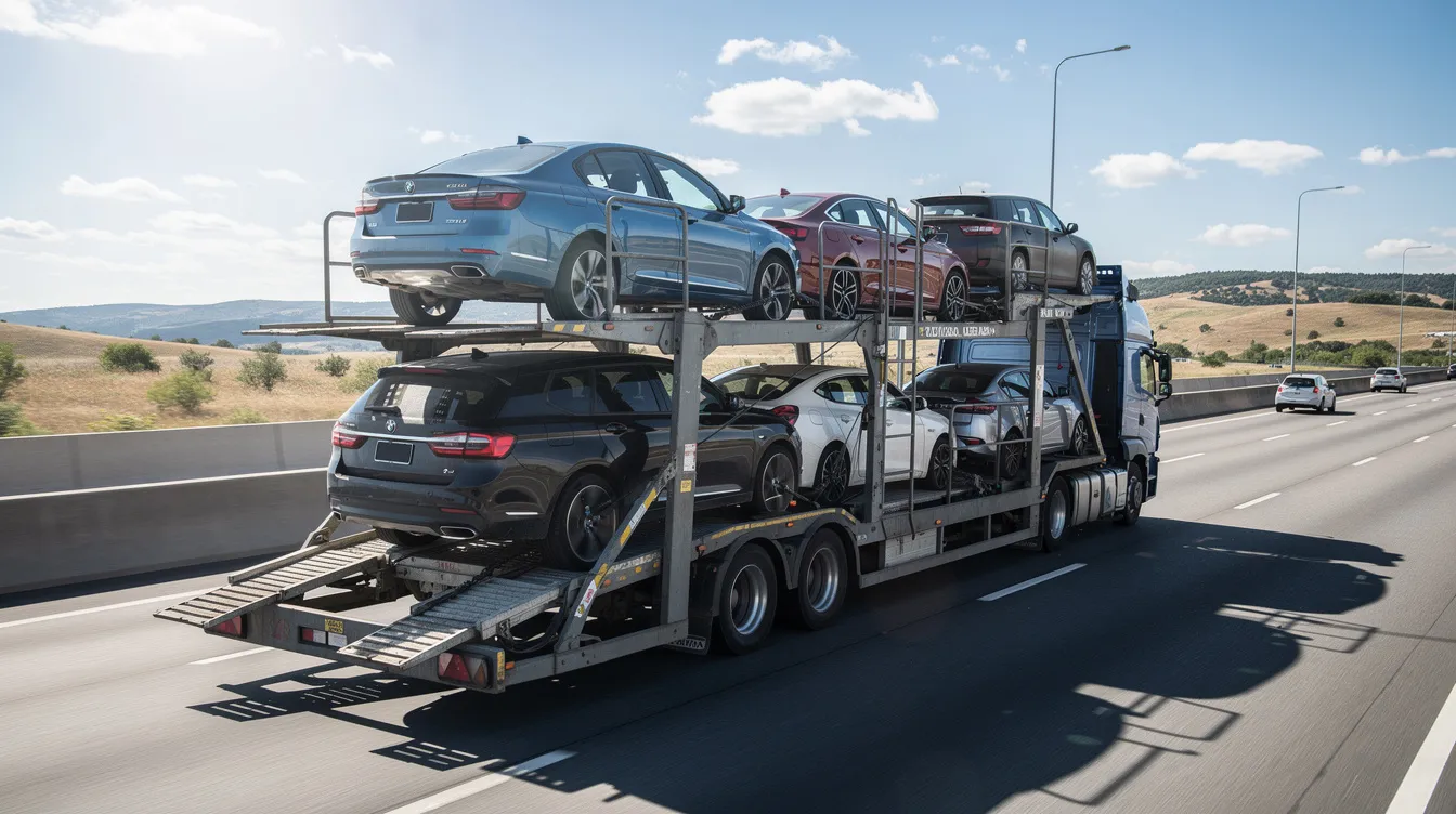 A car carrier truck is seen driving along a highway, transporting multiple vehicles on an open trailer, showcasing the efficient process of cross country vehicle shipping. This image illustrates the professional car shipping services that facilitate the safe and secure transport of cars across long distances.