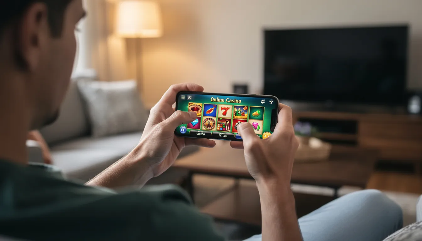 En person sitter i en vardagsmiljö och spelar casinospel på sin smartphone, med fokus på att ta del av olika spel och bonusar, som free spins hos Intercasino. Bakgrunden visar en mysig inredning som skapar en avslappnad atmosfär för spelande.