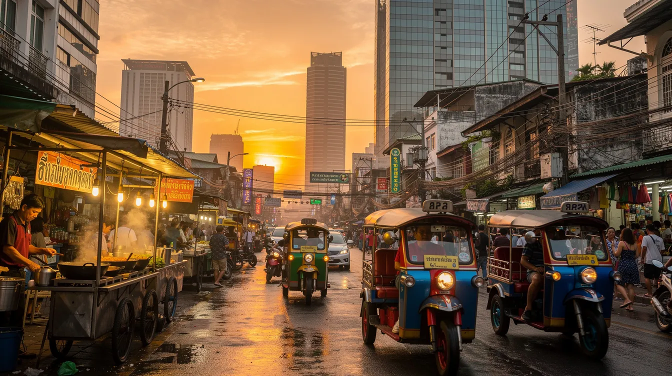 A imagem mostra uma vista vibrante da cidade de Bangkok, na Tailândia, destacando o famoso Grand Palace com seus detalhes arquitetônicos impressionantes. Ao fundo, é possível ver os arranha-céus e a movimentação dos turistas, refletindo a rica cultura e a vida urbana da capital tailandesa.