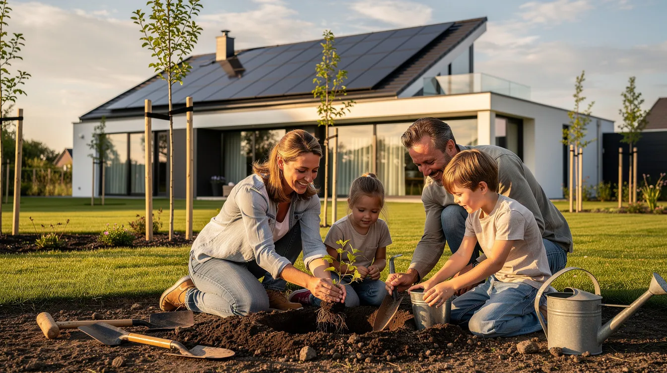 Een gezin plant jonge bomen naast een modern huis met zonnepanelen, wat bijdraagt aan een duurzame toekomst. Dit initiatief weerspiegelt een heldere visie op financiële zekerheid en milieuvriendelijkheid.