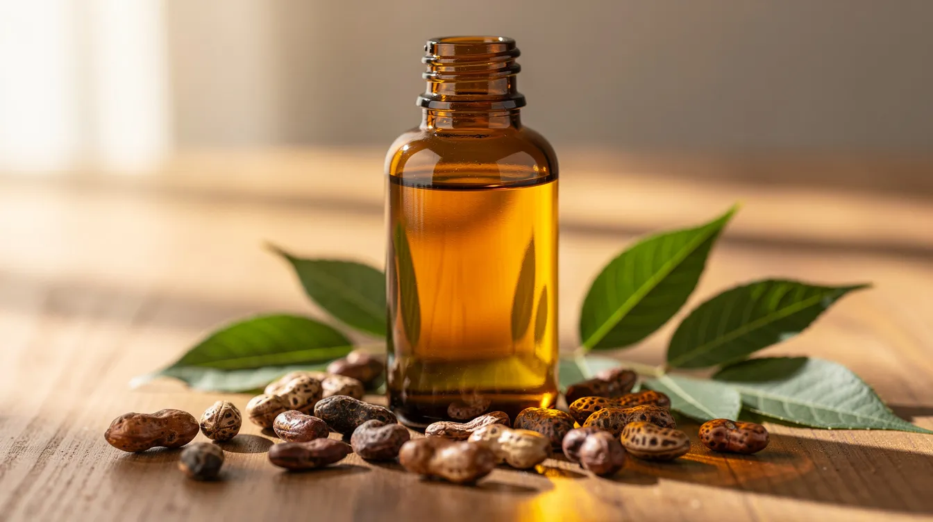 An amber glass bottle filled with organic castor oil sits on a wooden surface, surrounded by scattered castor beans and vibrant green leaves. The golden oil, known for its nourishing properties and benefits for hair growth and skin care, reflects a natural glow, emphasizing its cold-pressed quality.