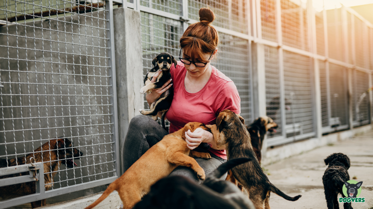 Frau mit Hunden in einem Tierheim/ Tierschutzverein