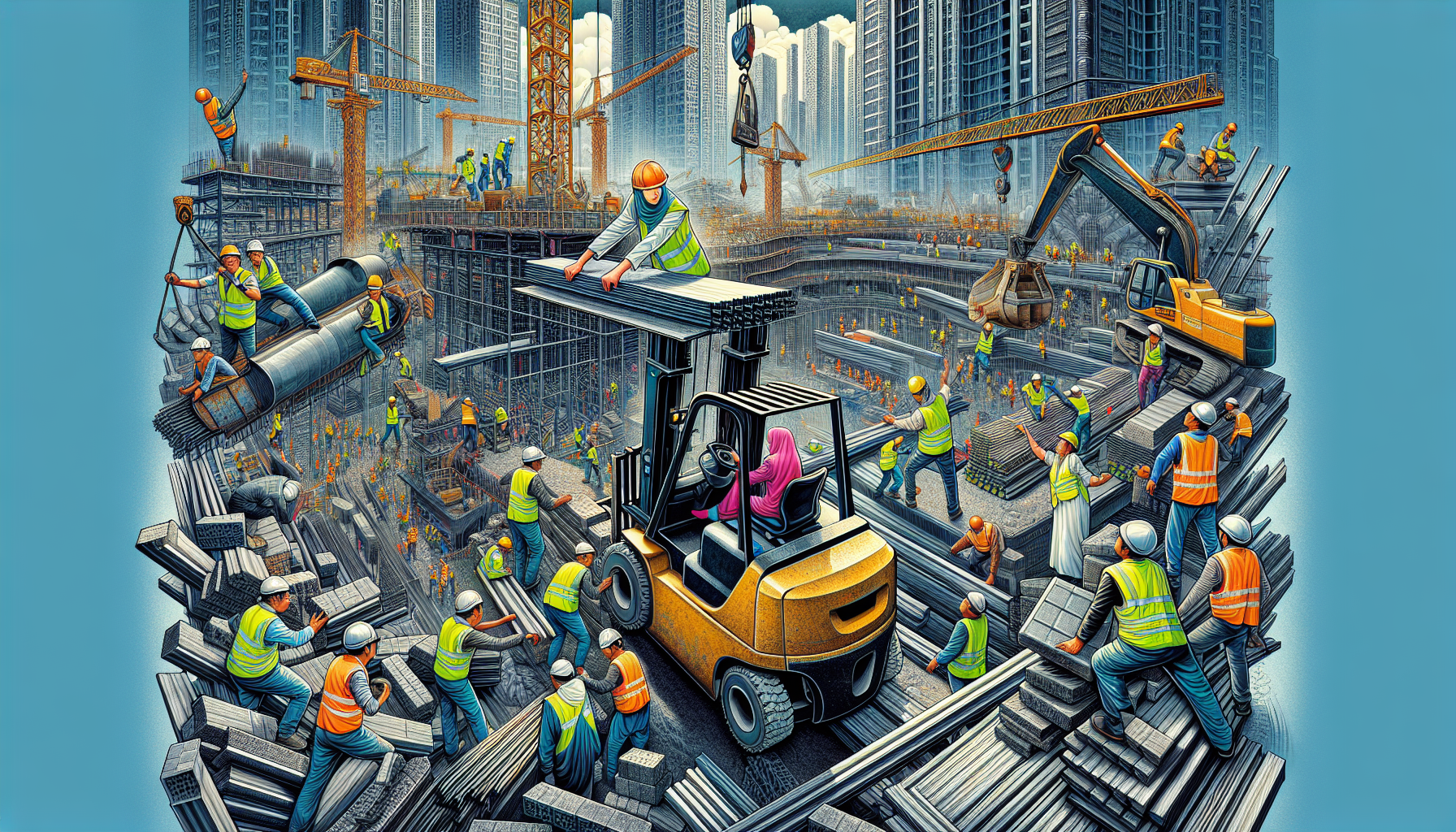 Illustration of workers navigating through a busy construction site