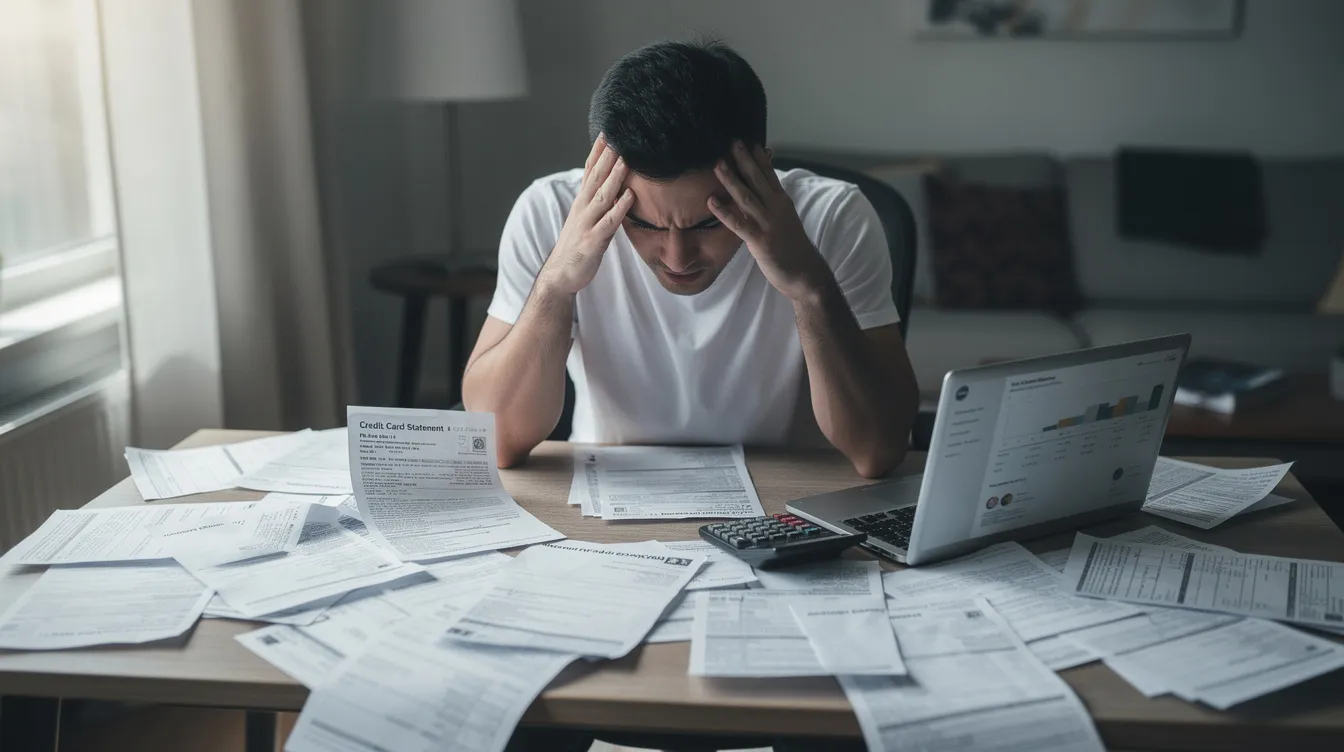 The image shows a person sitting at a desk cluttered with multiple credit card statements and bills, visibly stressed as they assess their financial situation. This scene reflects the challenges of managing debt and the importance of understanding one's financial status, including aspects like interest rates and repayment terms.
