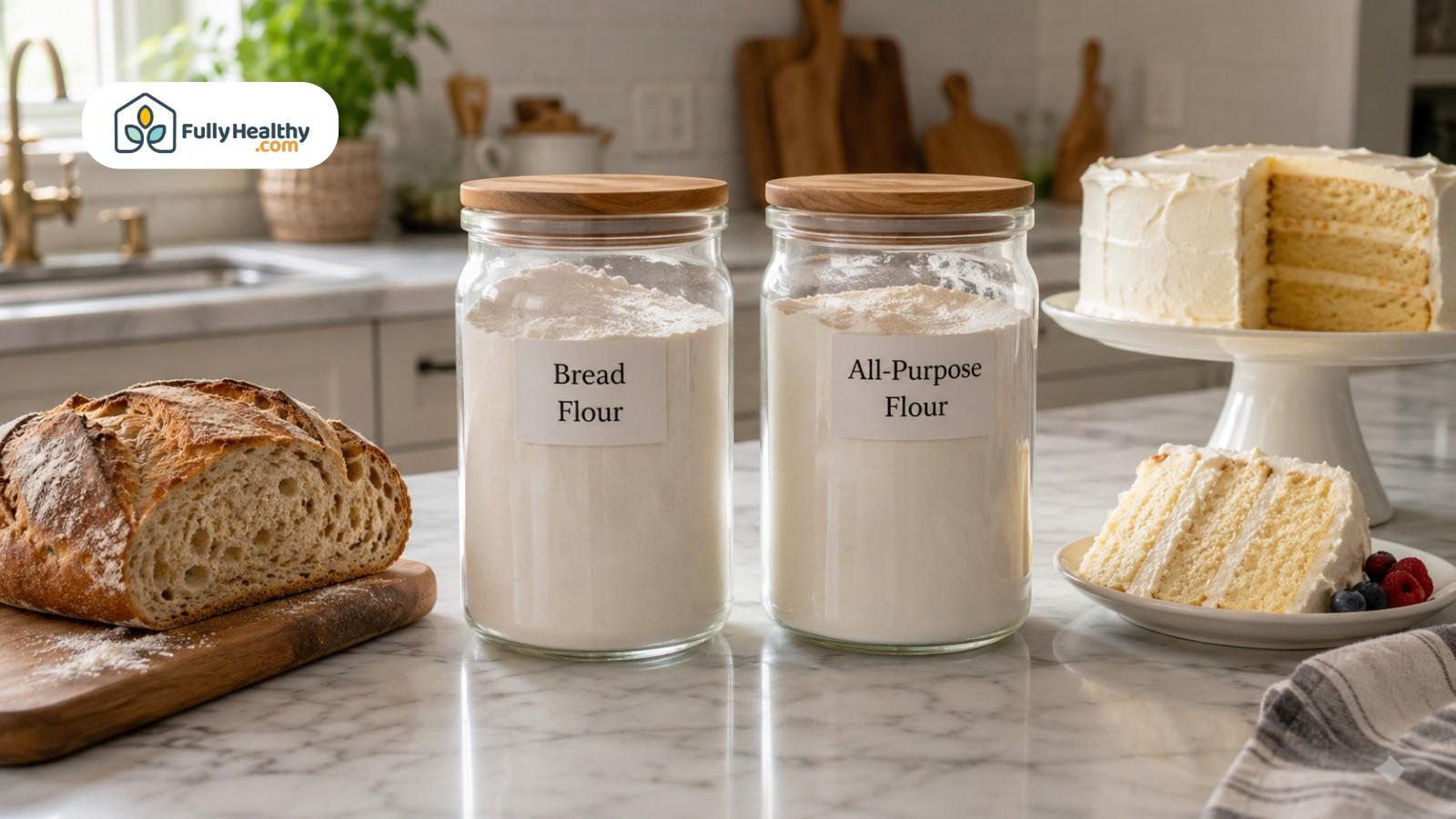 Bread flour and all-purpose flour jars beside bread loaf and cake slices