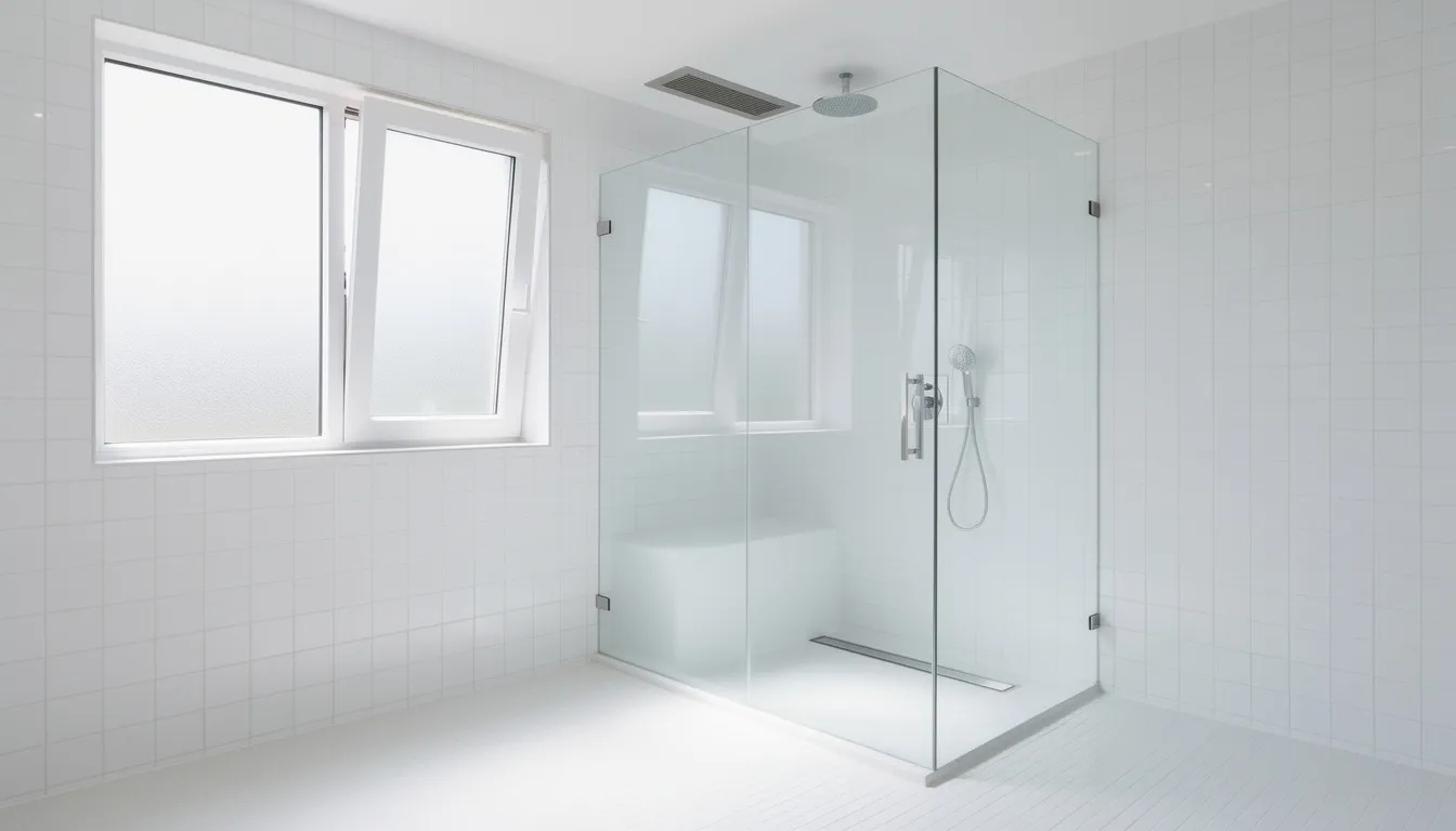 The image shows a clean white bathroom with spotless tiles and a well-maintained shower area, emphasizing proper ventilation through an open window and a functioning bathroom fan. This setup helps prevent mold growth and maintains good indoor air quality, making it a healthy environment for family members.