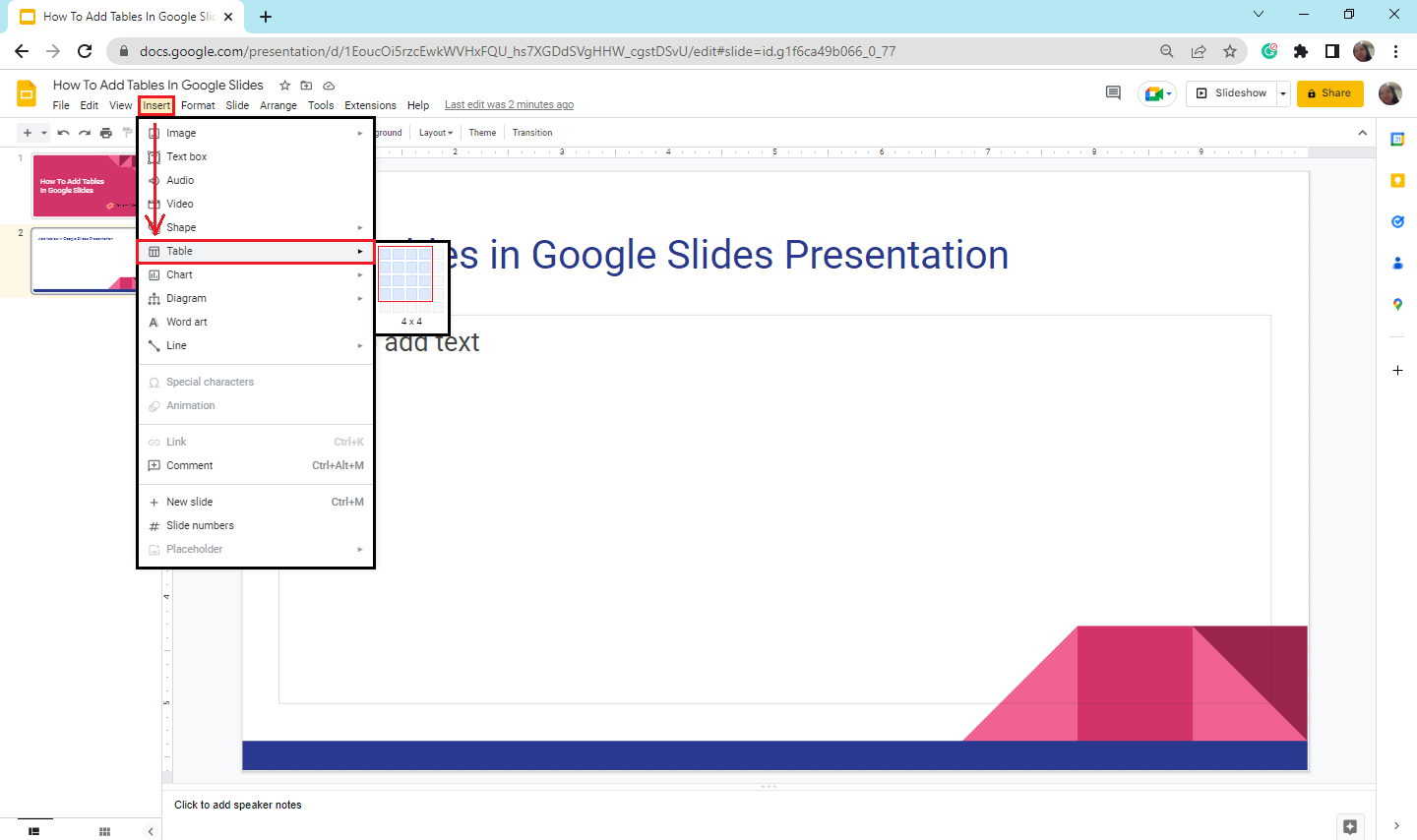 decide how many rows and columns you want to add in your Google Slides and click it.