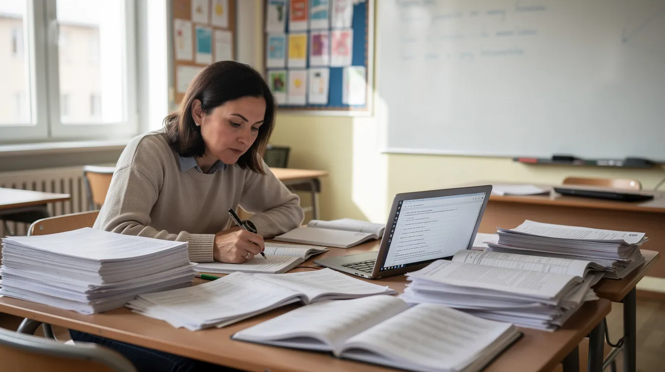 Na zdjęciu widoczny jest nauczyciel siedzący przy biurku, otoczony dokumentami oraz laptopem, starający się przygotować do egzaminu na stopień nauczyciela mianowanego. W tle można dostrzec materiały związane z realizacją planu rozwoju zawodowego oraz pytania dotyczące postępowania egzaminacyjnego.