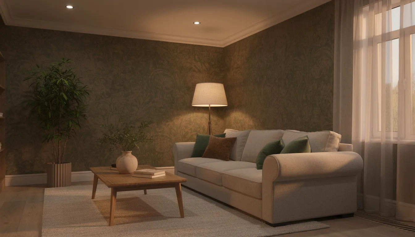 Luxe behang: stijlvolle muurbekleding voor elke woonruimte Een sfeervolle woonkamer met luxe behang in warme taupe- en groentinten, voorzien van zachte verlichting en een comfortabele bank. De ruimte straalt warmte en elegantie uit, perfect voor het creëren van een uitnodigende sfeer in jouw interieur.