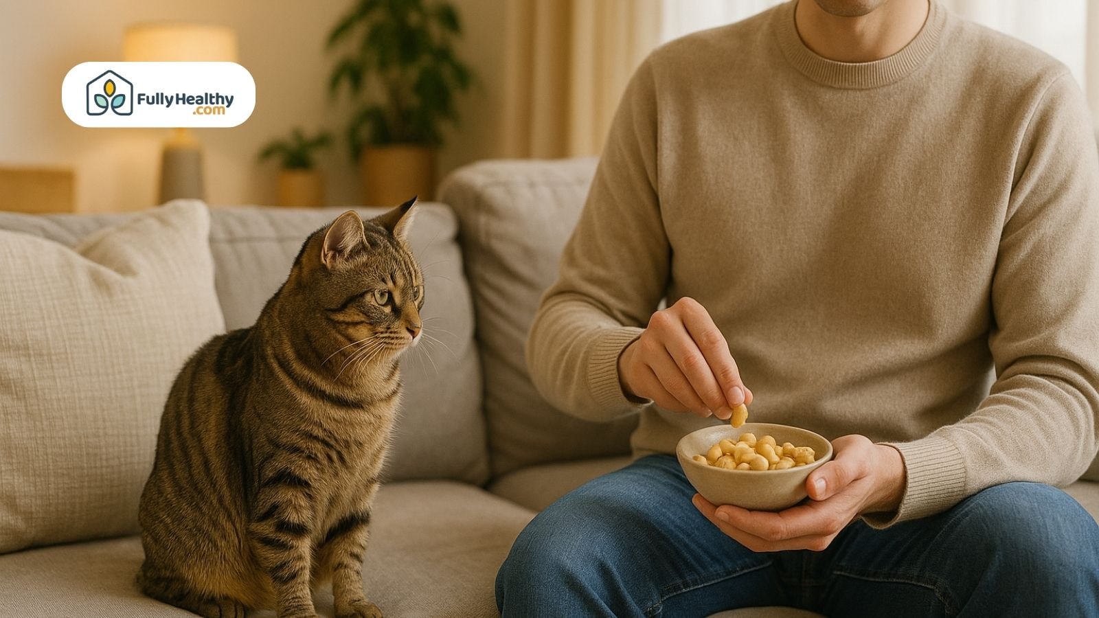 Man holding cashew bowl while cat watches on living room couch