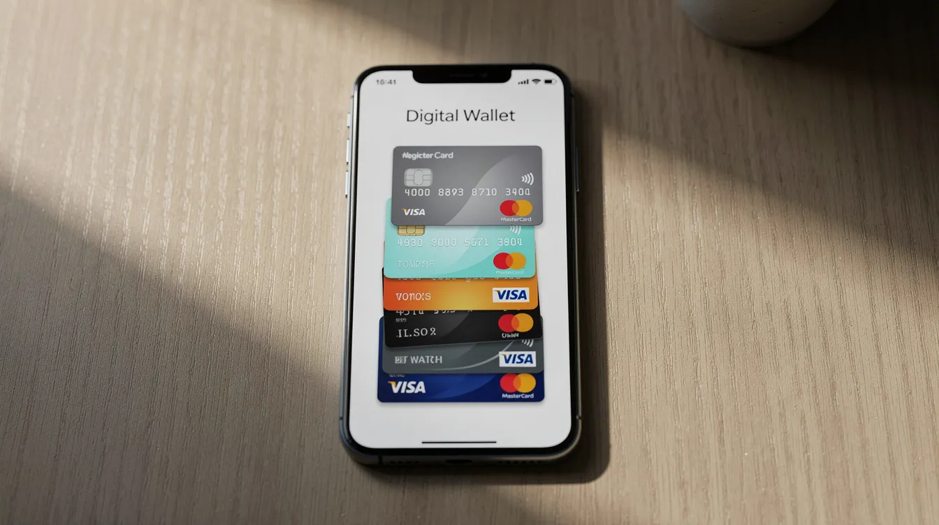 A smartphone is shown on a wooden desk, displaying a digital wallet app interface with multiple stored credit and debit cards, highlighting the convenience of mobile payments and secure transactions. This image represents modern digital wallets and their role in everyday transactions, making online purchases and contactless payments easier for users.