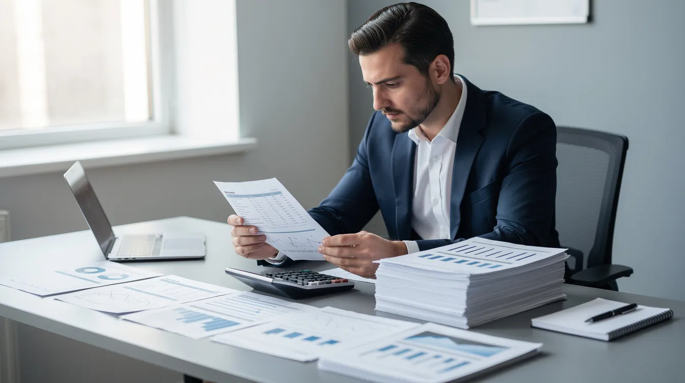 A professional, possibly in a 公務員 職位, is seated at a desk meticulously reviewing stacks of financial documents, with a calculator positioned nearby, suggesting a focus on detailed financial analysis. The setting indicates a formal work environment, typical for 新入 職 roles within a 事務局.