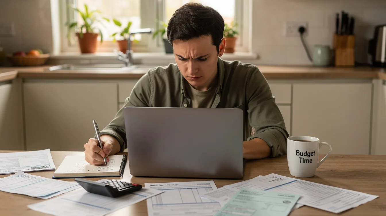 A person is seated at a kitchen table, focused on a laptop and surrounded by financial documents, appearing to calculate their monthly payments and evaluate their home equity line options. The scene suggests they are assessing their financial situation, possibly considering interest rates and loan amounts for debt consolidation.