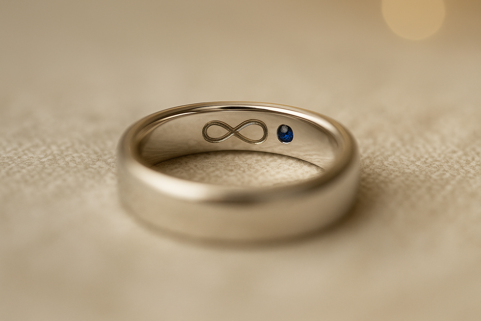 Balto aukso vestuvinis žiedas su paslėptu safyru ir begalybės simbolio graviravimu