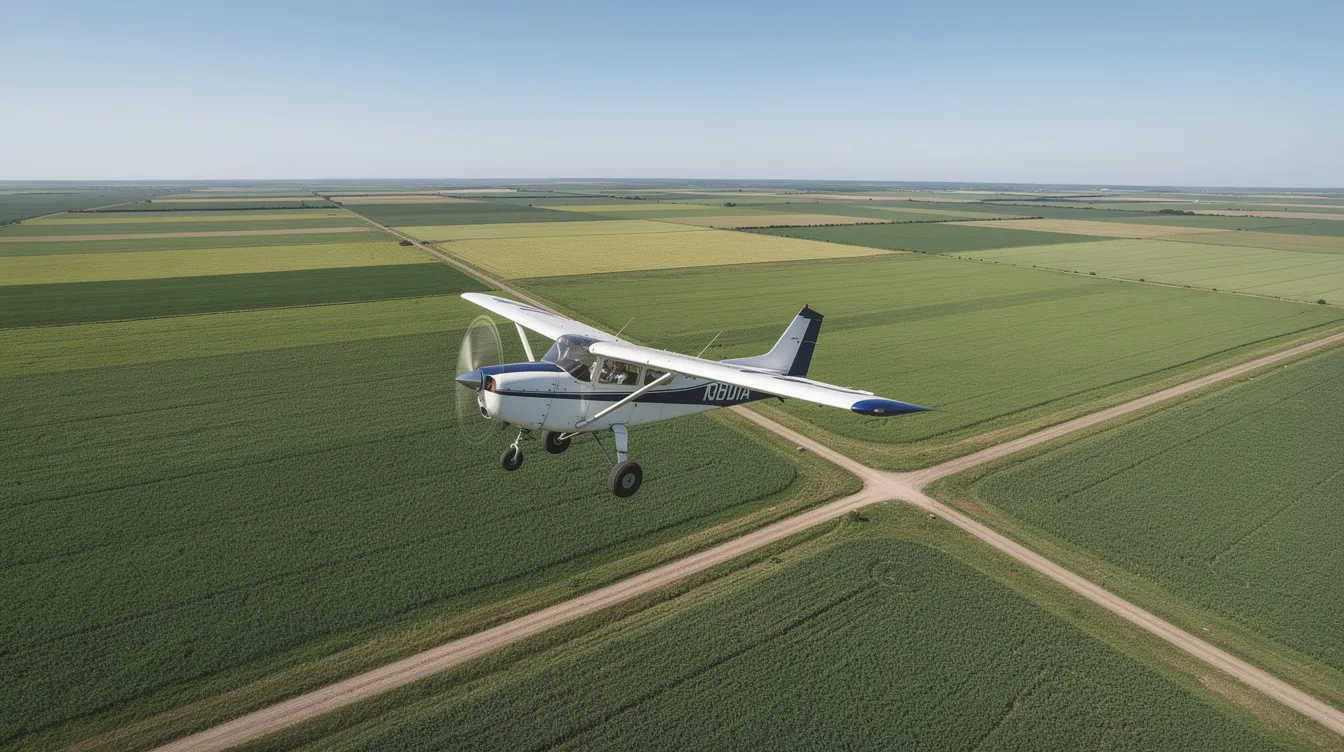 A small single-engine airplane is flying at a cruising altitude over flat green farmland, with a clear blue sky above. The aircraft is maintaining an appropriate VFR altitude, ensuring safe navigation in level cruising flight.