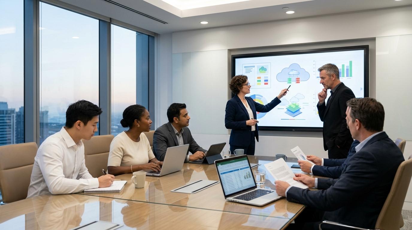 Business executives and IT leaders evaluating cloud-based virtual lab platforms during a strategic technology planning meeting, photorealistic