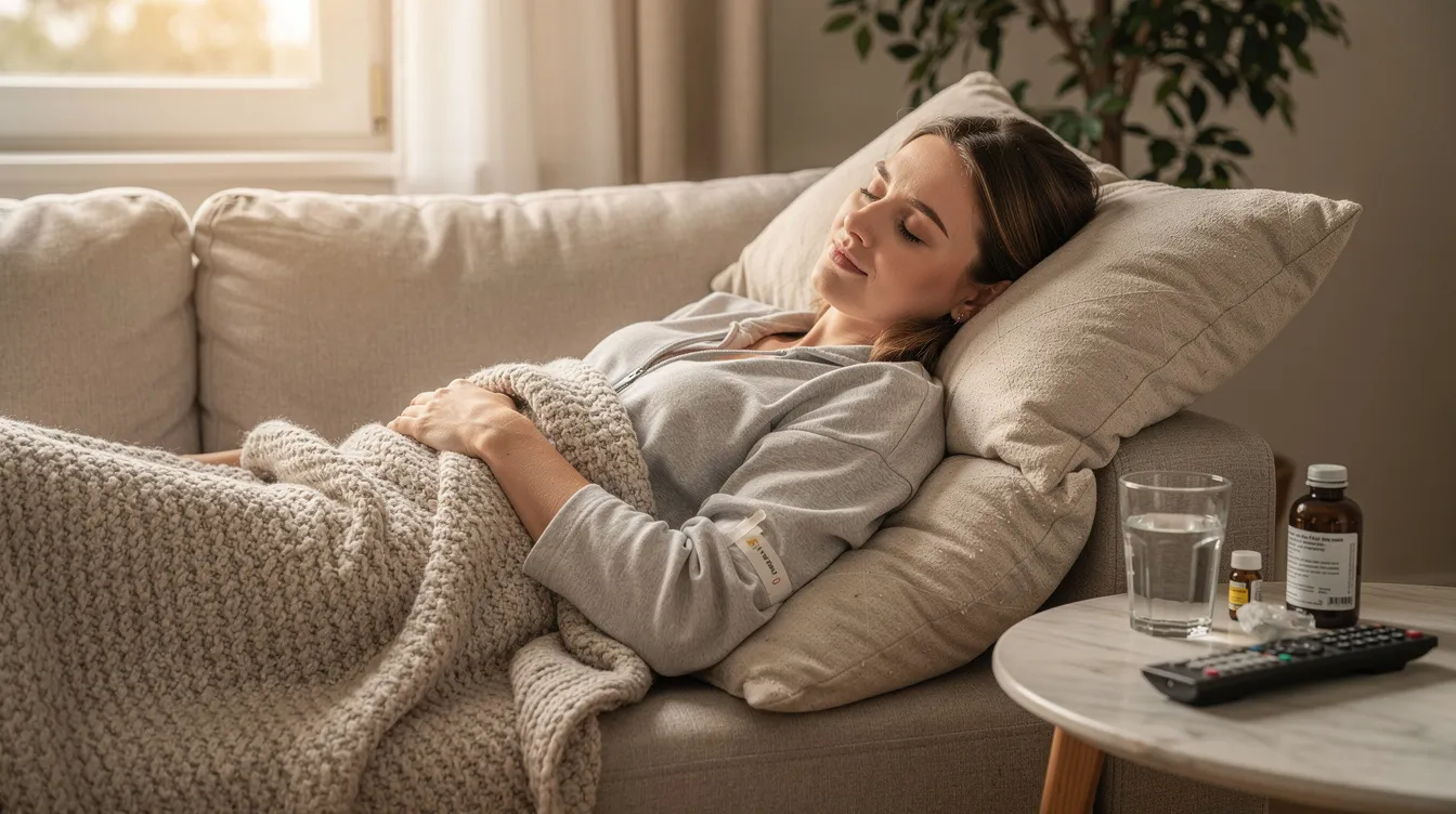 A woman is resting comfortably at home after her breast augmentation surgery, surrounded by soft pillows and a cozy blanket. She appears relaxed as she begins her recovery process, likely following her surgeon's aftercare instructions to ensure a safe healing period.