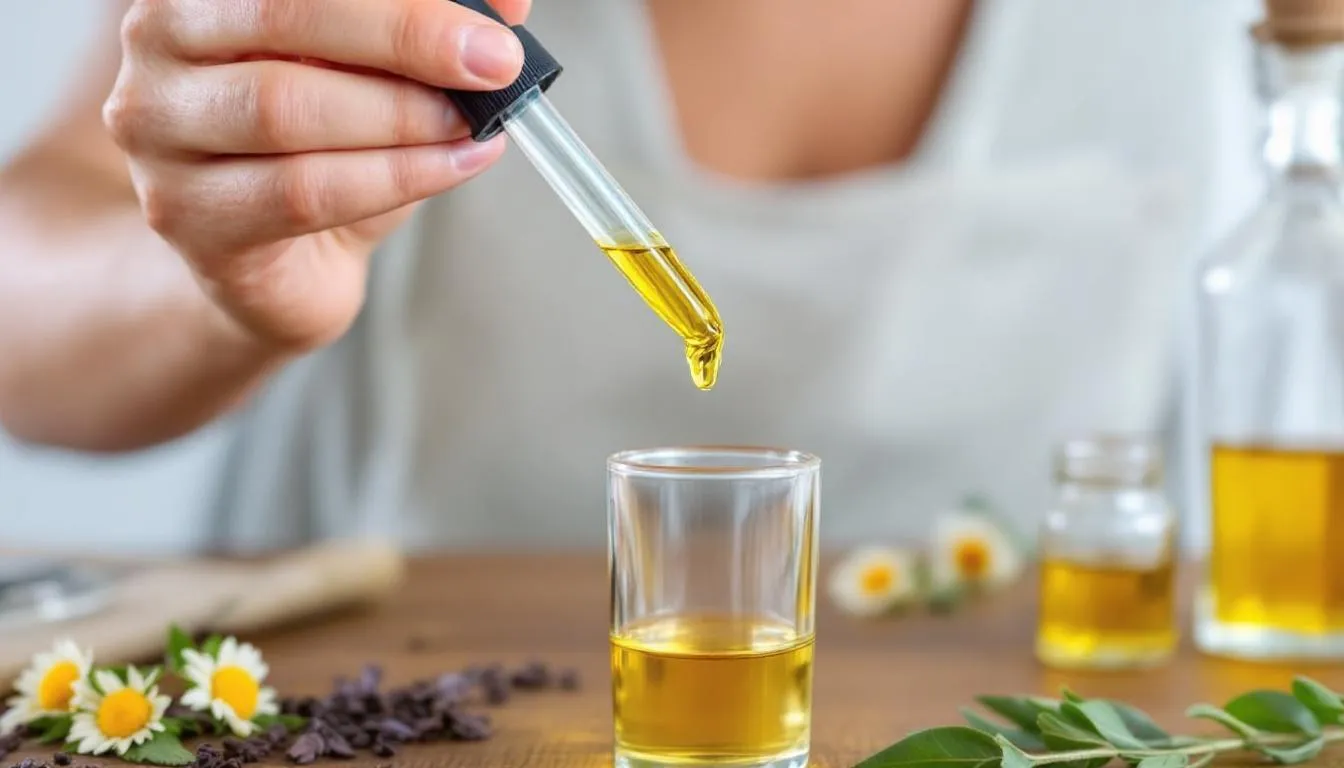 A person is carefully measuring chamomile tincture with a dropper into a small glass, surrounded by dried chamomile flowers and herbal extracts. This image captures the essence of preparing herbal medicine, highlighting the calming properties of chamomile.