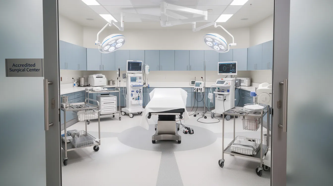 The image depicts a modern accredited surgical center featuring clean, well-organized equipment and bright lighting, creating a sterile and inviting environment for procedures like j plasma skin tightening and other cosmetic surgeries. This advanced facility emphasizes safety and comfort, essential for effective treatments such as j plasma liposuction and skin tightening.