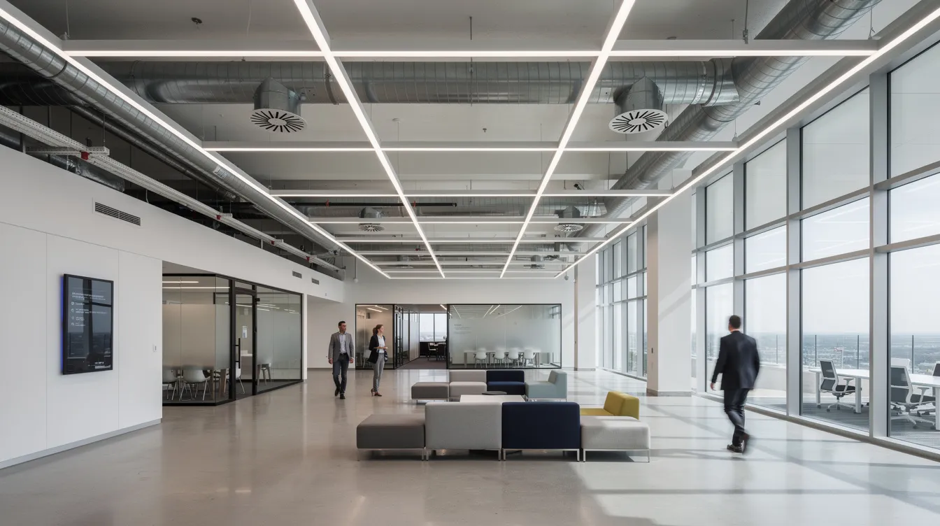 The image depicts a modern commercial building interior showcasing upgraded lighting and advanced HVAC systems, reflecting the successful business model of a restoration industry franchise. The sleek design emphasizes efficient space utilization, appealing to property owners and potential clients looking for high-quality restoration services.