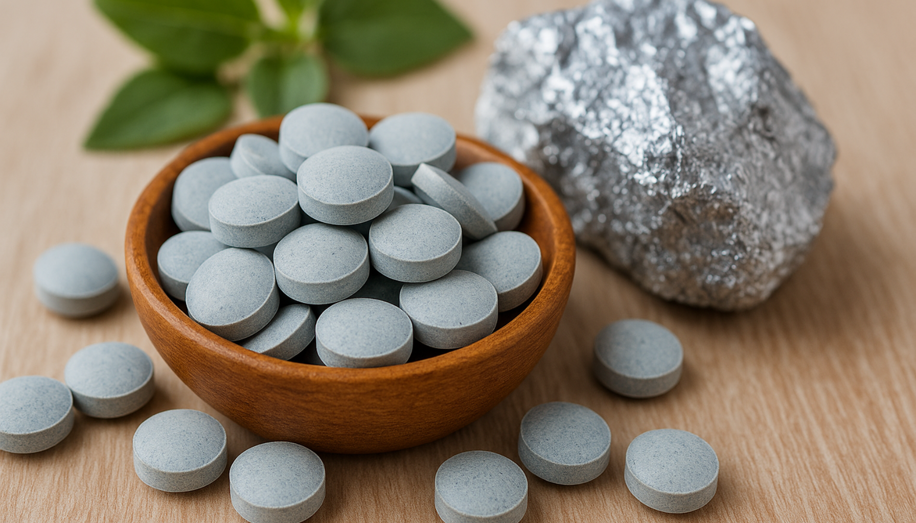 Skål med sinktilskuddstabletter, omgitt av sinkmineral og grønne blader på trebord, illustrerer sink som viktig mineral.
