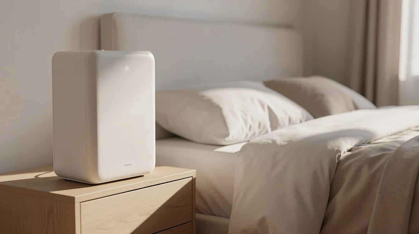 A modern white air purifier is positioned on a wooden nightstand next to a bed, emphasizing the importance of good indoor air quality for optimal sleep. This device helps filter out indoor air pollutants, contributing to a restful night&rsquo;s sleep and improved overall health.