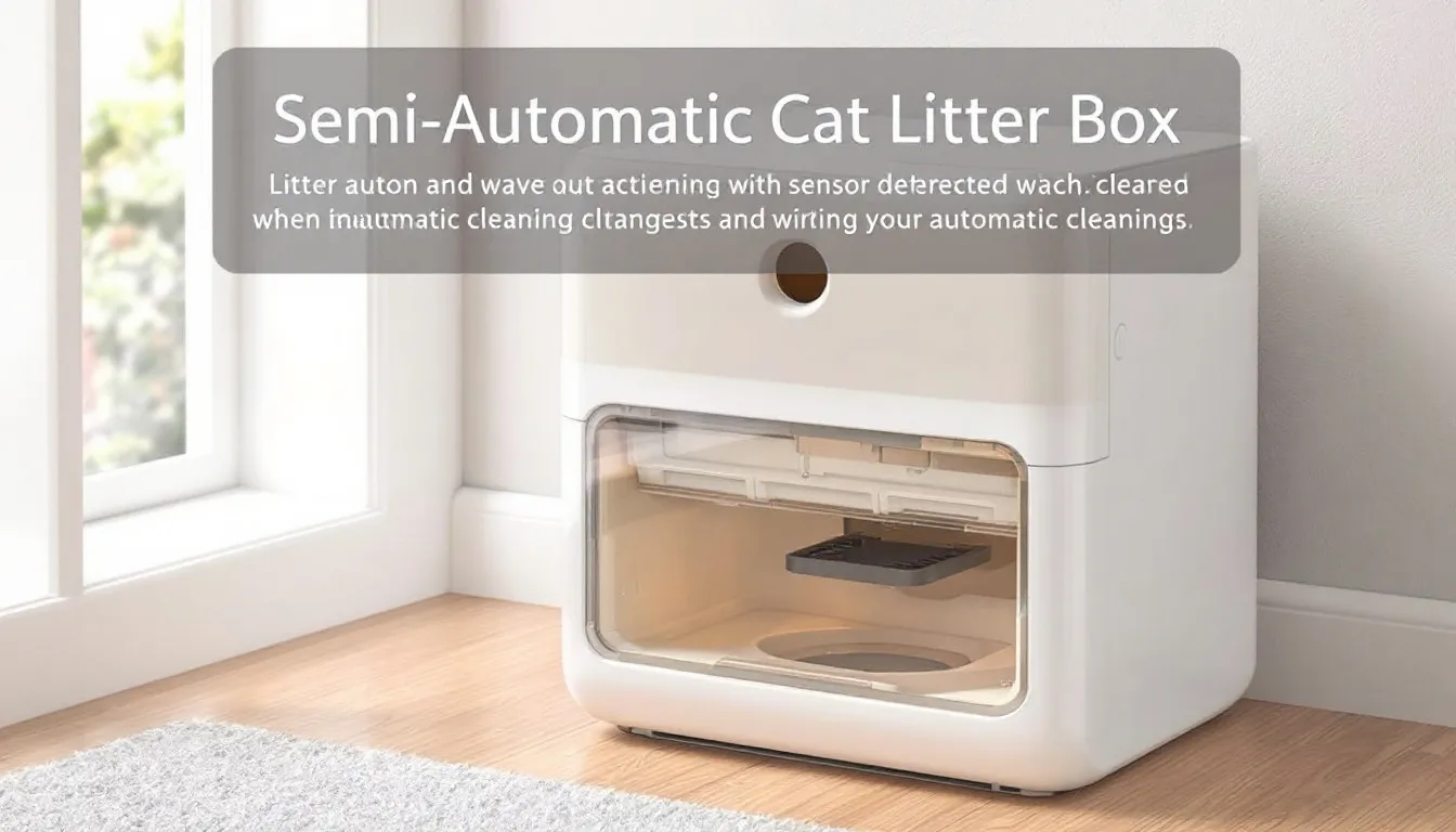 De afbeelding toont een opstelling van een nieuwe semi automatische kattenbak, uitgerust met een geurfilter en een opvangbak voor uitwerpselen. Deze kattenbak biedt een hygiënische oplossing voor kattenbezitters, met een snel schoonmaakproces en de mogelijkheid om verschillende type kattenbakvulling, zoals houtkorrels en klei grit, te gebruiken.