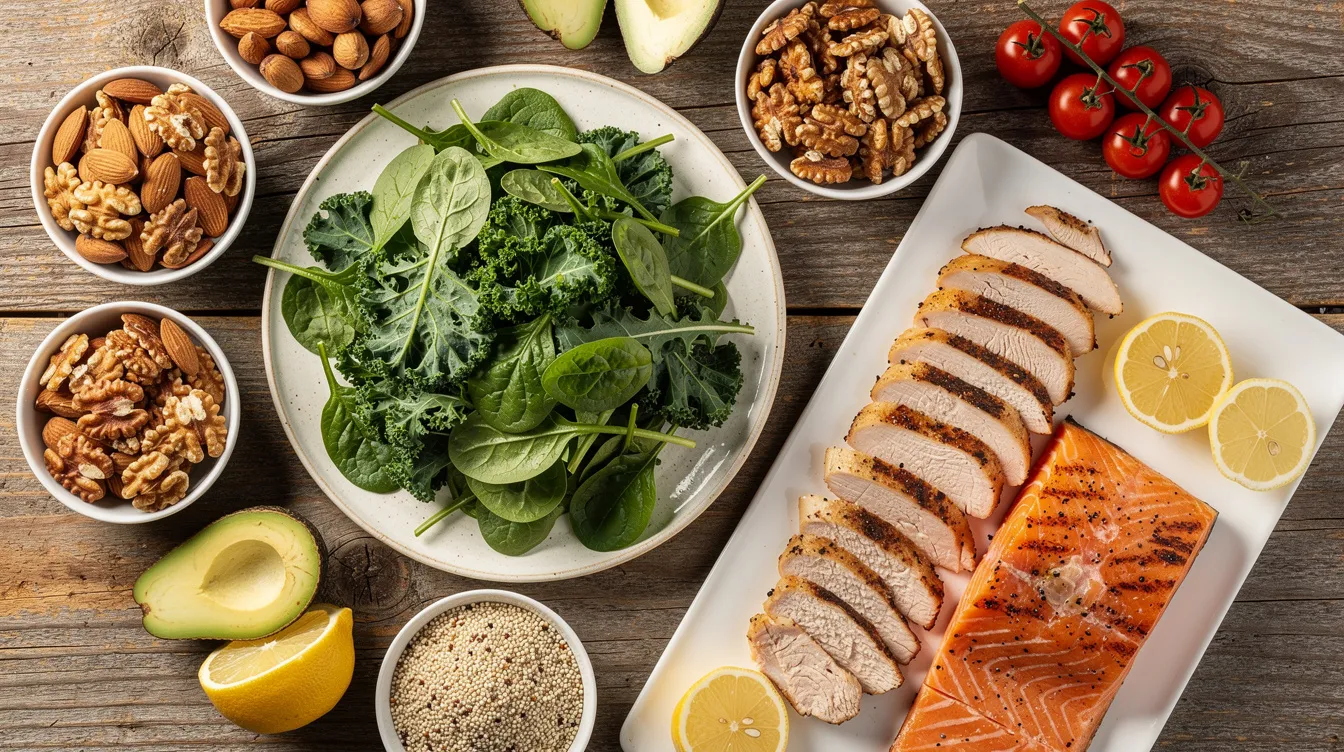 The image features a vibrant arrangement of nutrient-rich foods, including leafy greens, assorted nuts, and lean proteins, which are essential for maintaining healthy hair and promoting hair growth. This colorful display emphasizes the importance of diet in addressing hair loss and supporting hair follicles.