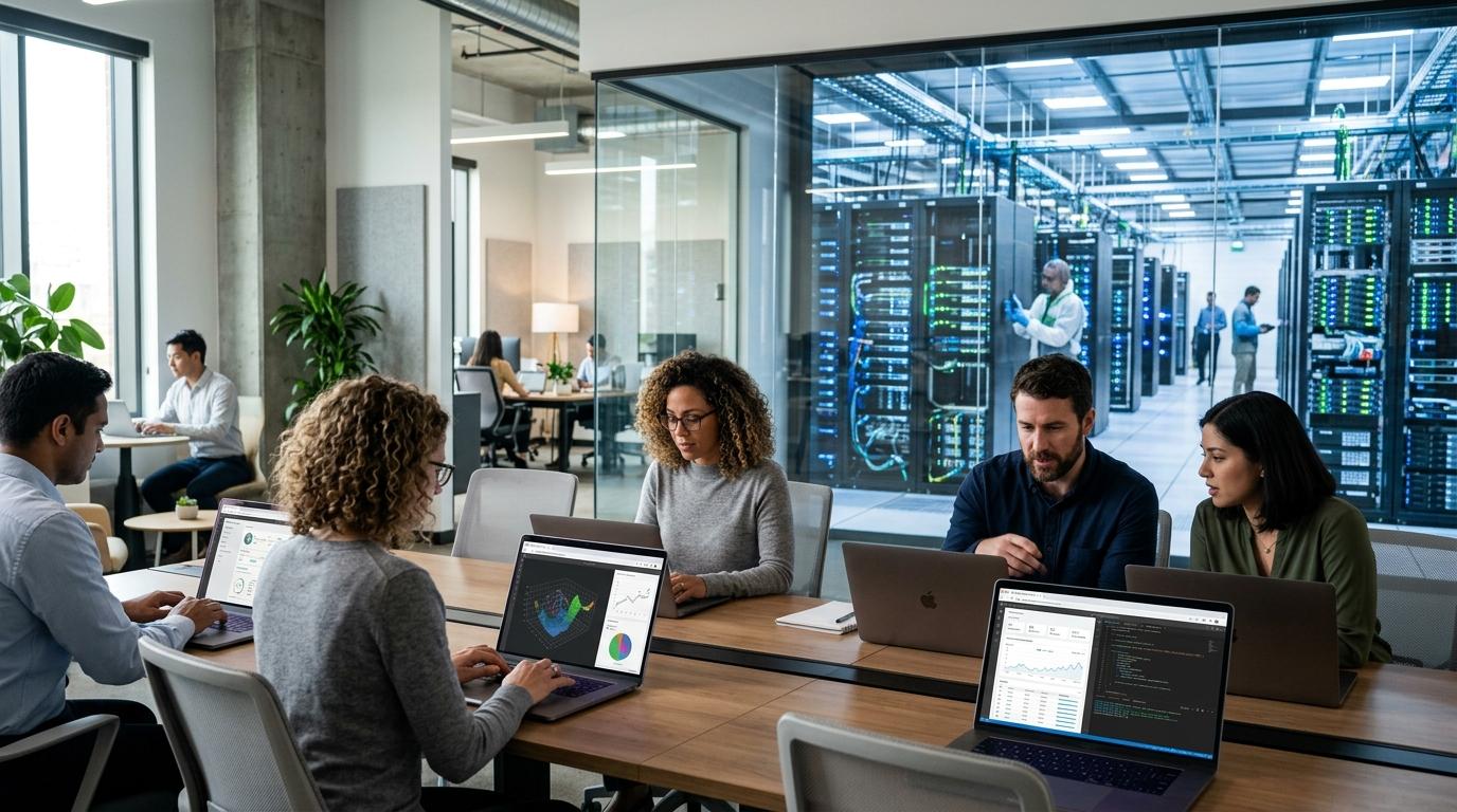 Modern office with professionals accessing browser-based virtual desktops from laptops while a cloud data center powers advanced virtual lab environments in the background.