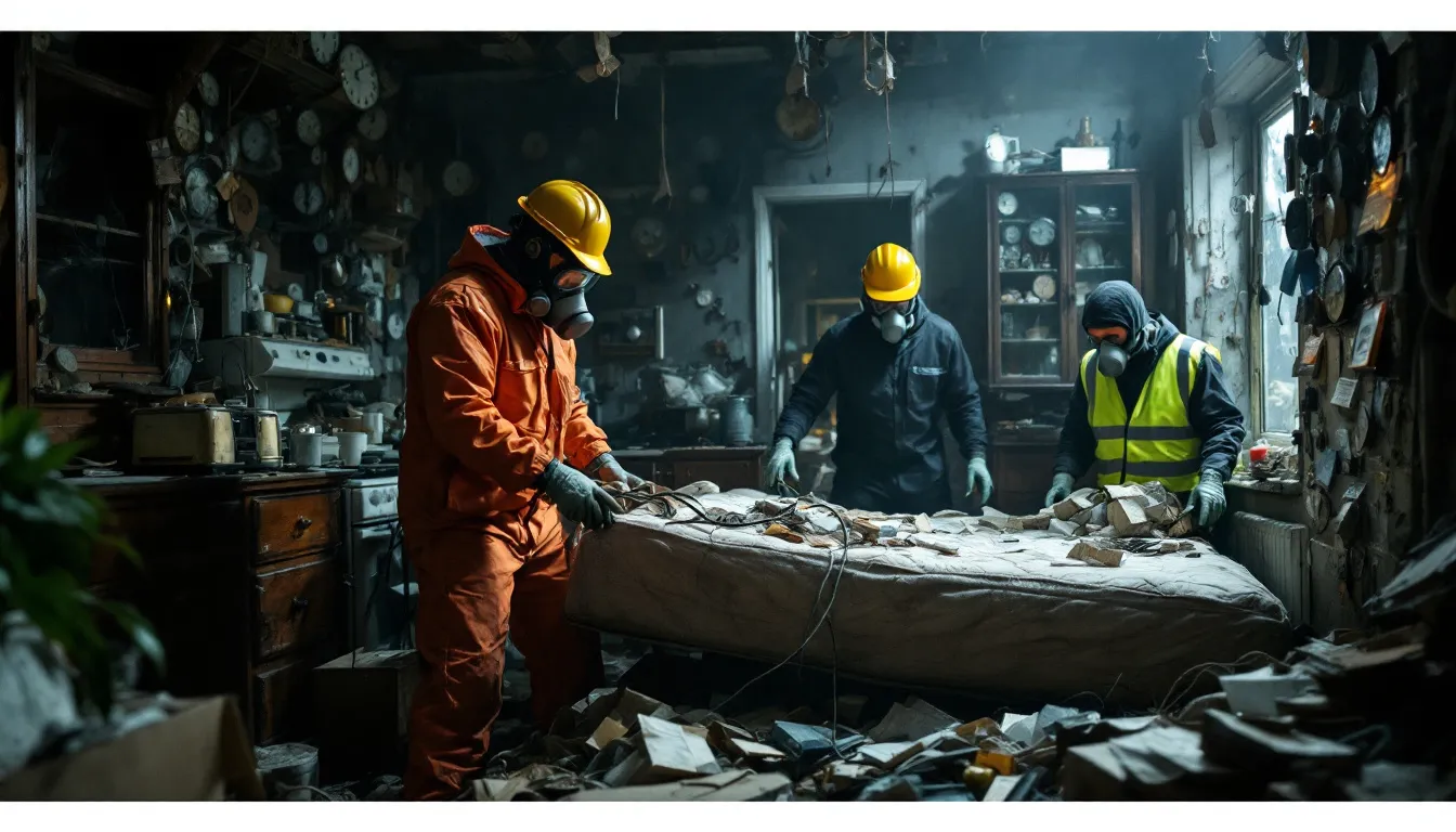 A cleanup crew wearing personal protective equipment while cleaning a hoarder's house, emphasizing safety precautions.