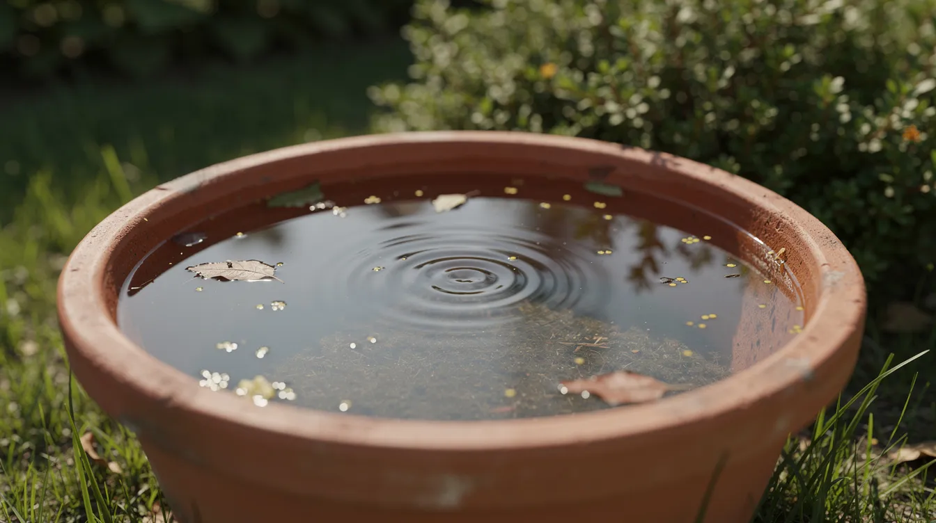 The image shows shallow standing water in a garden container surrounded by grass and shrubs, which can attract mosquitoes that lay eggs and may lead to an increase in lawn pests. This stagnant water could also create a habitat for insect pests, potentially harming native wildlife and the health of nearby plants.