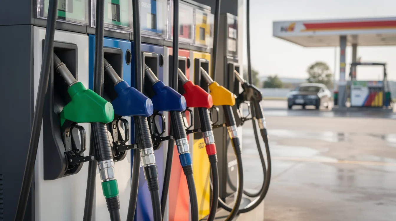 Une station-service animée avec plusieurs pistolets de carburant de couleurs variées, prêts à être utilisés par les automobilistes pour faire le plein de leurs véhicules. Cette image illustre l'importance de choisir le bon type de carburant pour éviter une erreur de carburant, qui pourrait avoir des conséquences sur le moteur.