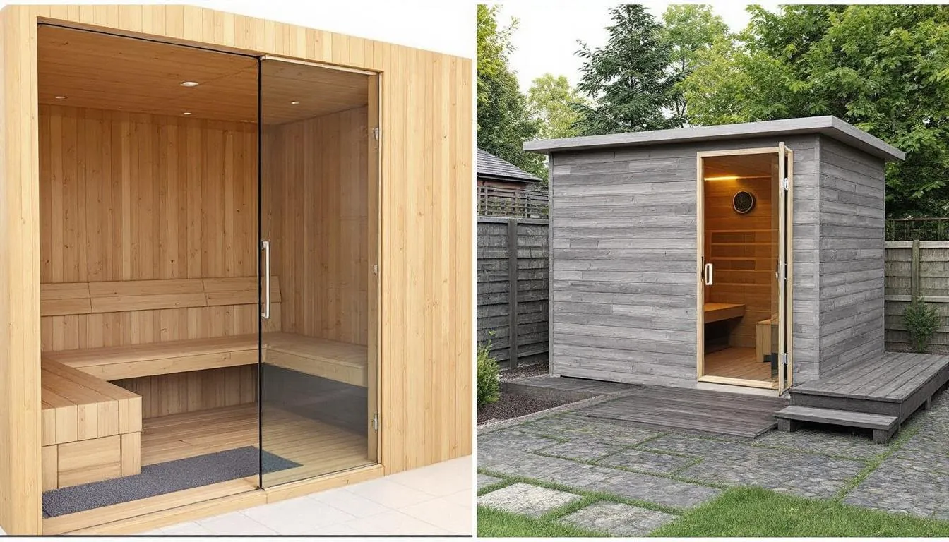 The image showcases a modern home sauna installation featuring both indoor and outdoor options, each crafted with various wood finishes. It highlights the versatility of home saunas, including traditional and infrared saunas, designed for optimal heat bathing experiences and health benefits.