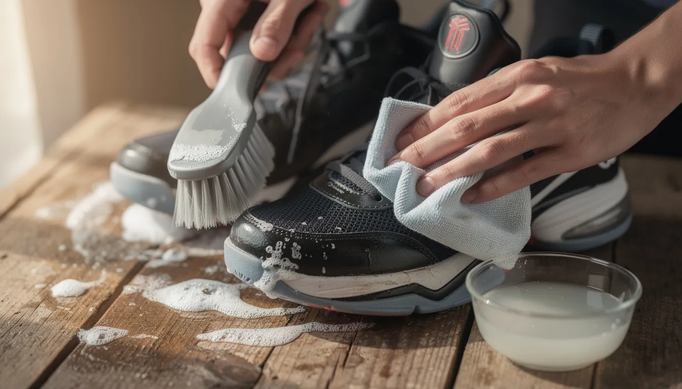 Kobe Reps: How To Find High-Quality Kobe Bryant Replica Sneakers 12 A pair of basketball shoes, possibly Air Jordans, is being cleaned with a soft brush and cloth on a wooden table, highlighting their unique style and quality craftsmanship. The scene emphasizes the care taken in maintaining the shoes, which are popular among sneaker enthusiasts and collectors.