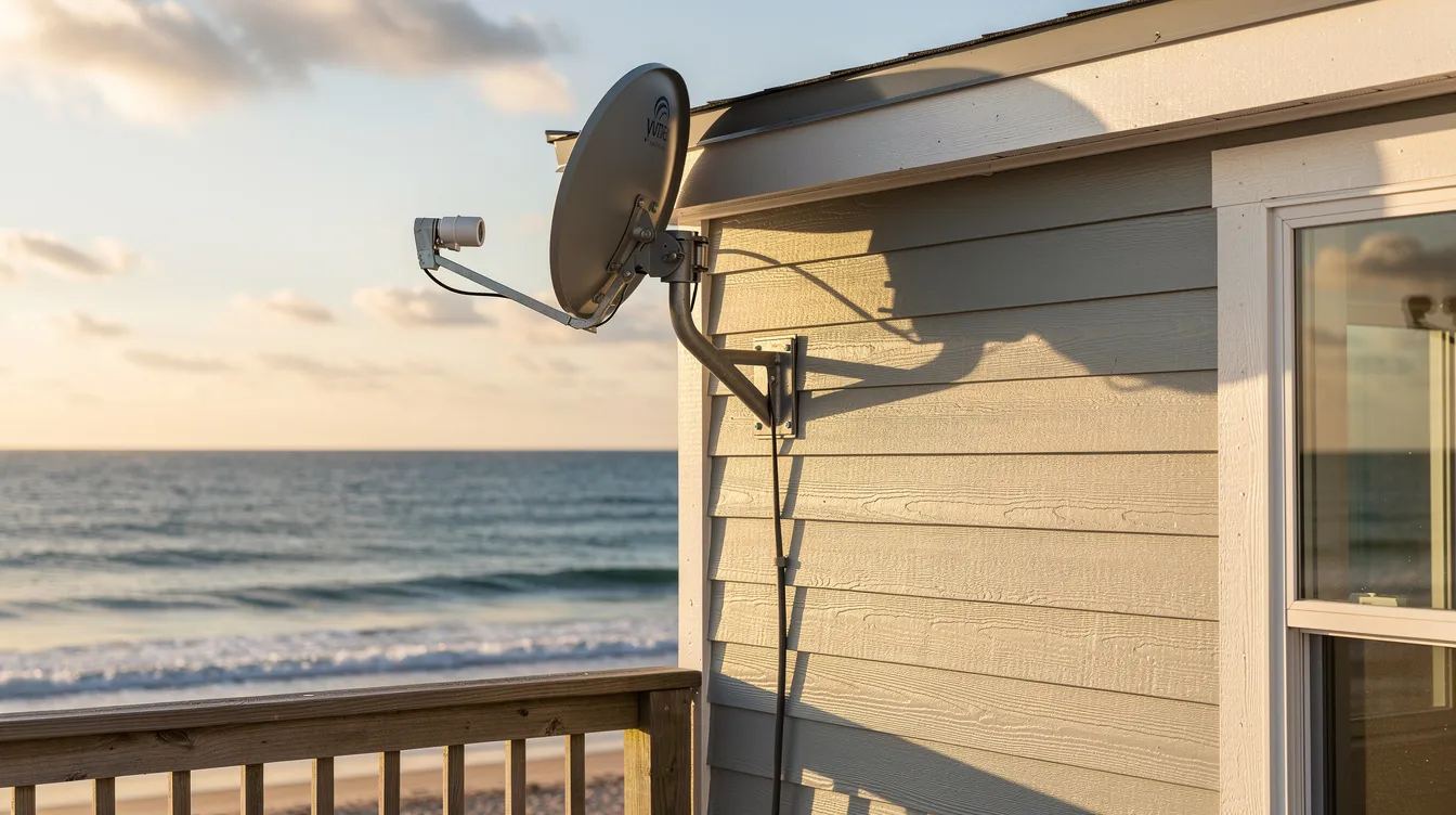 A satellite dish is securely mounted on the roof of a coastal home, with a beautiful view of the ocean in the background, highlighting the importance of professional DSTV installation services in scenic locations like Sunset Beach. The setup ensures reliable signal reception for an enhanced viewing experience.