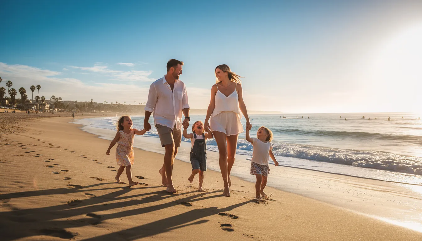 A young family is walking hand-in-hand along a sunny beach in San Diego, enjoying the warm weather and ocean breeze. This scene highlights the importance of family and planning for the future, such as estate planning services that can help protect loved ones and ensure a secure legacy.