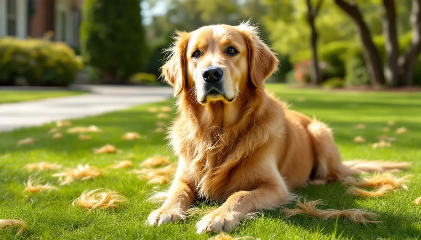 A golden retriever is seen outdoors, shedding loose fur as it enjoys the fresh air. This image highlights the dog