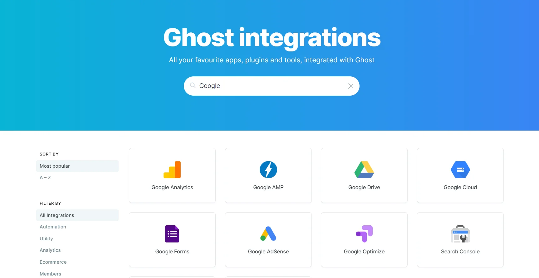Screenshot of where to find the Ghost integrations for Google Analytics and Search Console.