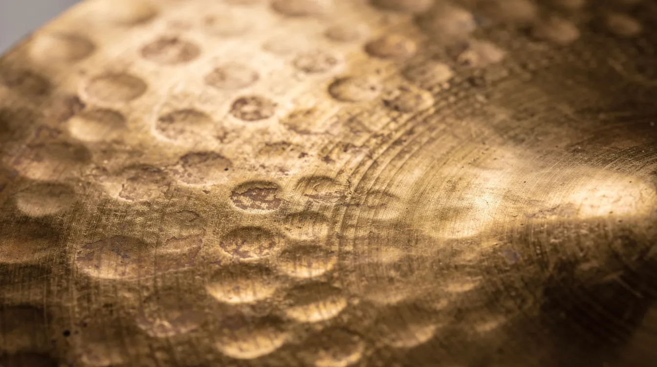 Gros plan sur une cymbale en bronze doré, présentant une surface martelée et rainurée qui reflète la lumière, mettant en valeur ses détails et sa finition. Cet instrument de percussion est essentiel dans un ensemble de batterie, offrant des sonorités variées pour différents styles de musique.