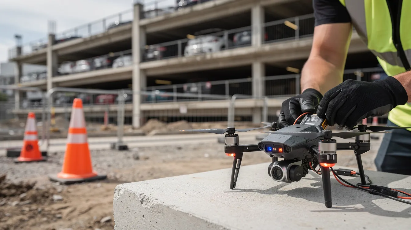 A small multirotor drone is being prepared for flight at the edge of a commercial construction site, with a parking structure visible in the background. This drone, part of advanced drone technology, is set to assist in site monitoring and safety inspections, enhancing the efficiency of construction projects.