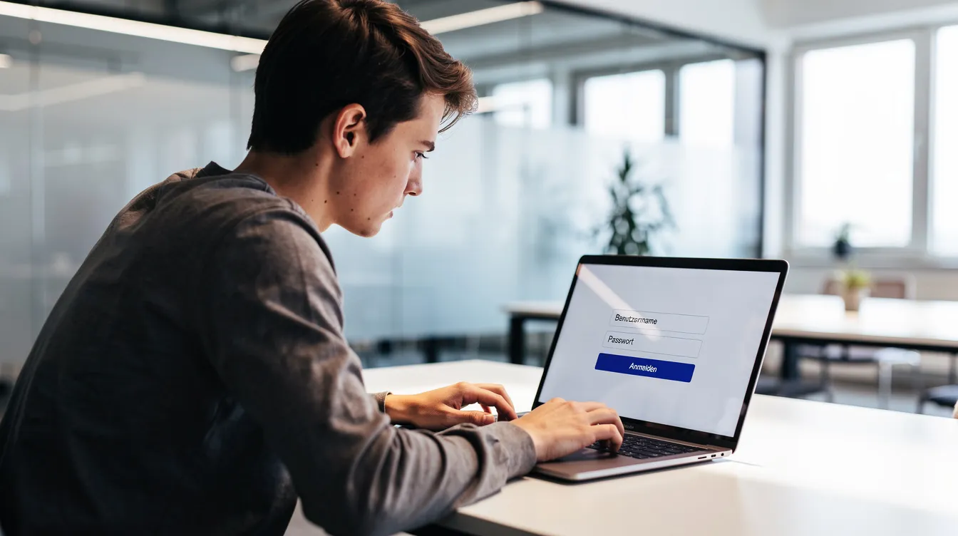 Eine junge Person sitzt an einem modernen Arbeitsplatz und gibt ihre Zugangsdaten, einschließlich Benutzername und Passwort, in einen Laptop ein, um auf ihr Konto zuzugreifen. Der Hintergrund zeigt eine helle, einladende Büroumgebung mit verschiedenen Arbeitsressourcen.