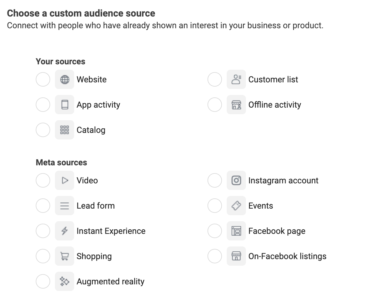 Screenshot of choosing a custom audience source