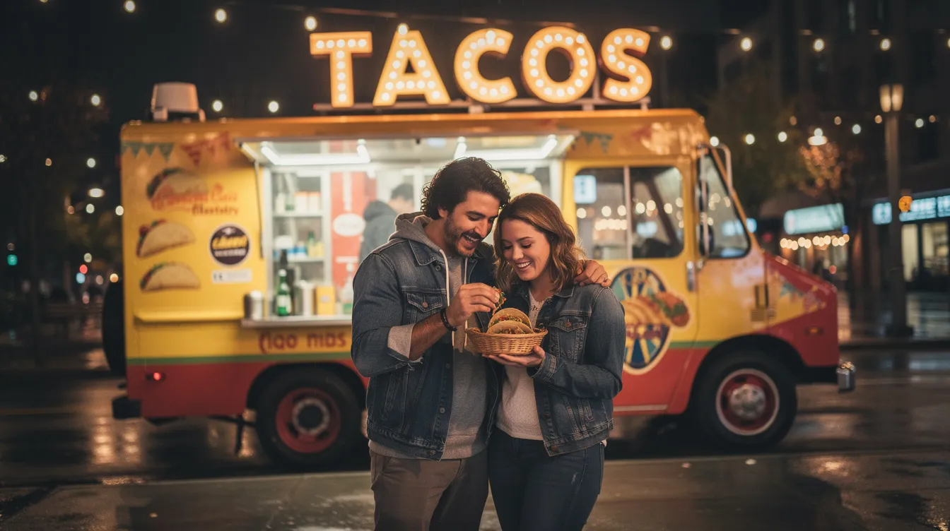 A young couple enjoys their first date at a taco truck, sharing laughter and conversation as they explore modern dating trends. The warm atmosphere highlights their emotional intimacy and connection, reflecting the excitement of new relationships in today's dating scene.