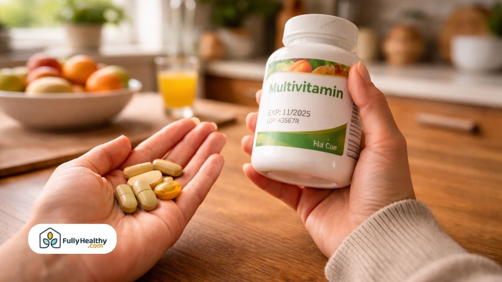 Person holding multivitamin bottle and pills in kitchen