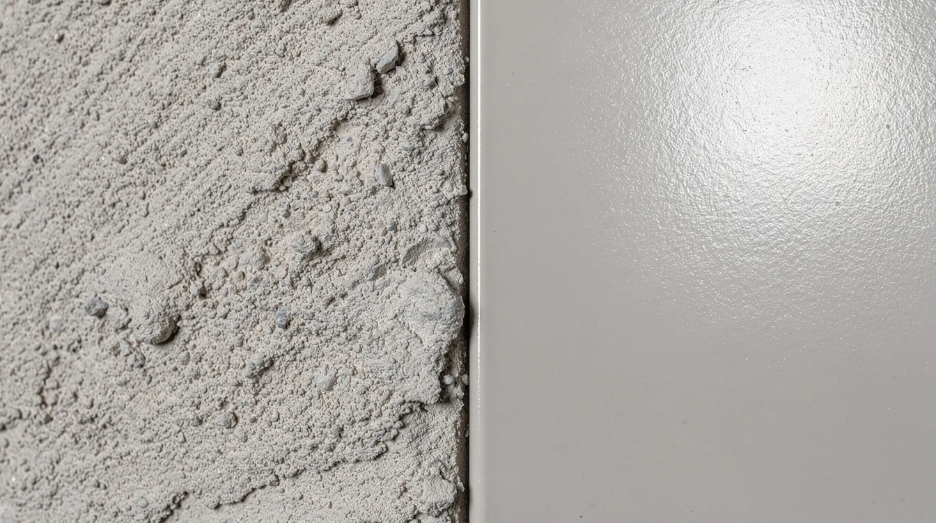 This close-up image showcases two distinct mineral plaster wall surfaces: one featuring a matte and textured finish, while the other displays a glossy and smooth appearance, highlighting the key differences between marmorino and venetian plaster. The contrasting textures emphasize the luxurious elegance and refined finish that both plaster types can bring to contemporary and high-end interiors.