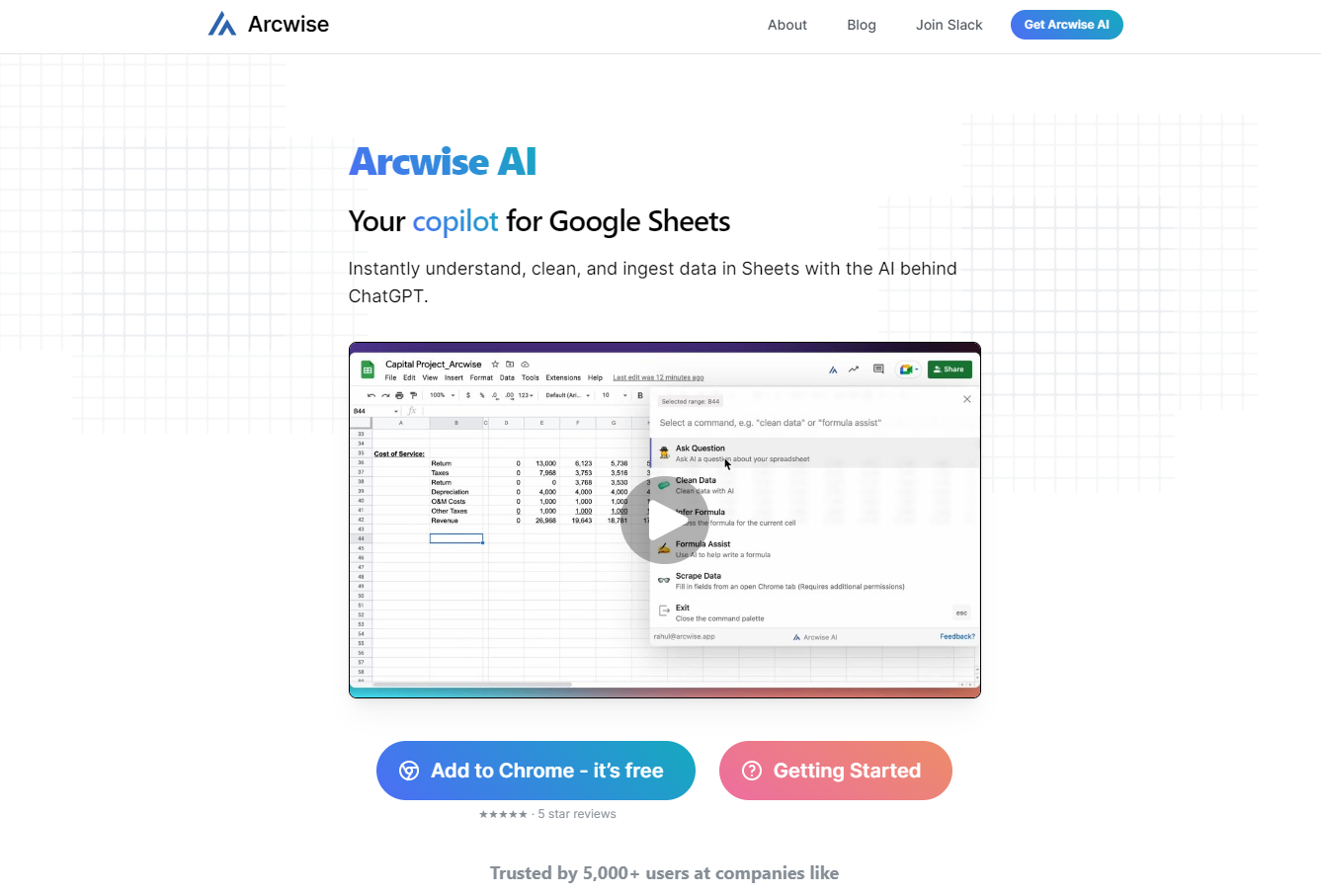 Arcwise, an AI data tool for Excel and Google Sheets