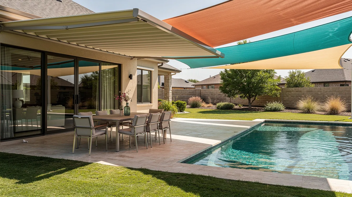 The image depicts a modern luxury home in Oklahoma City featuring a spacious back patio adorned with a high-end custom retractable fabric awning, stylish stone patio furniture, and colorful tension shade sails over a pristine swimming pool, all bathed in warm natural sunlight. The meticulously manicured lawn enhances the outdoor area, creating an inviting space for relaxation and enjoyment.